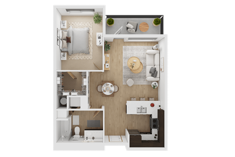 A top-down view of a small apartment layout with a kitchen, living room, and bedroom  at Spyglass Hill Apartments, Bremerton, 98337
